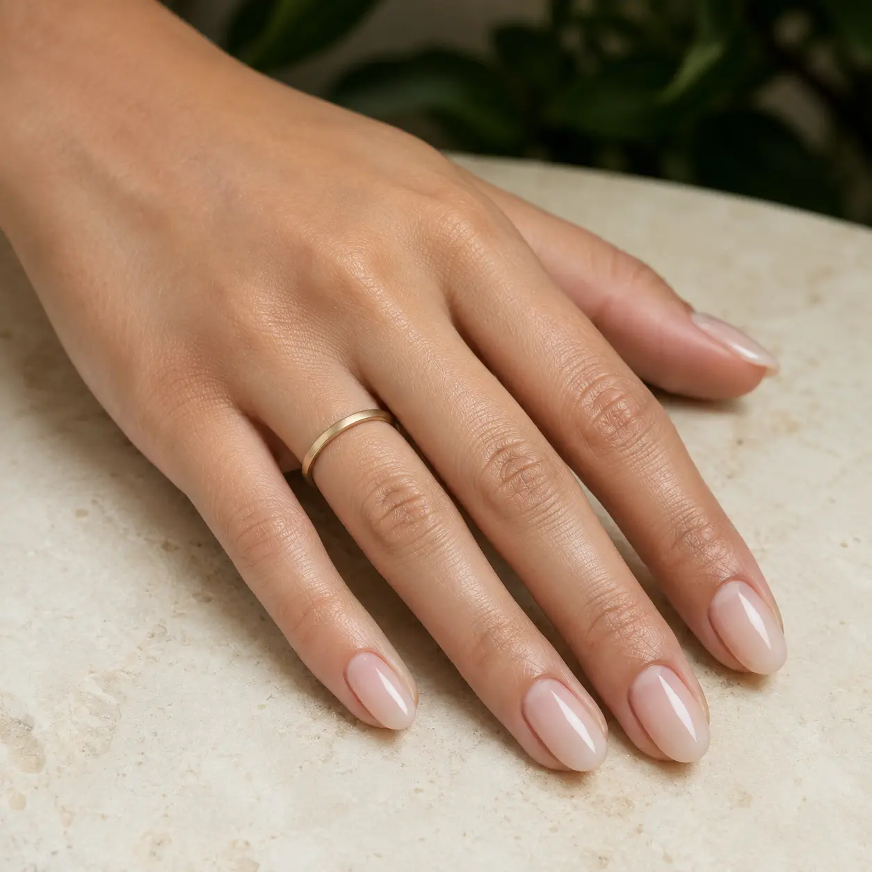 Editorial image of a natural milky nude Builder Gel manicure