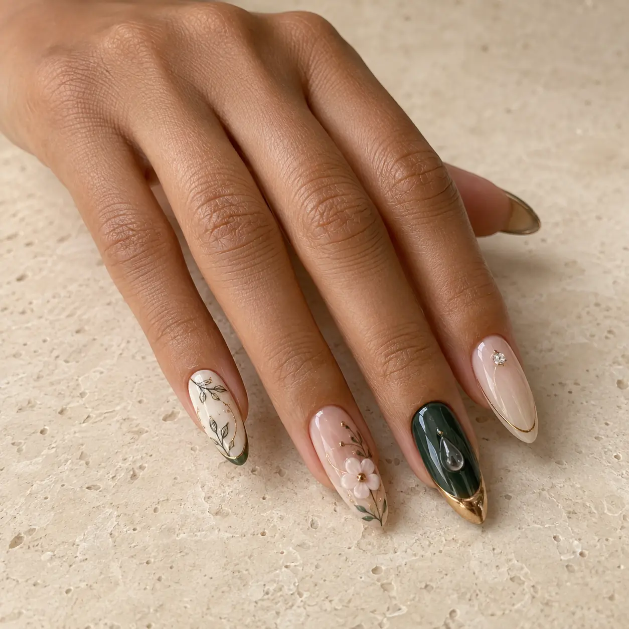 Advanced botanical nail art with 3D flower, chrome and gemstone details