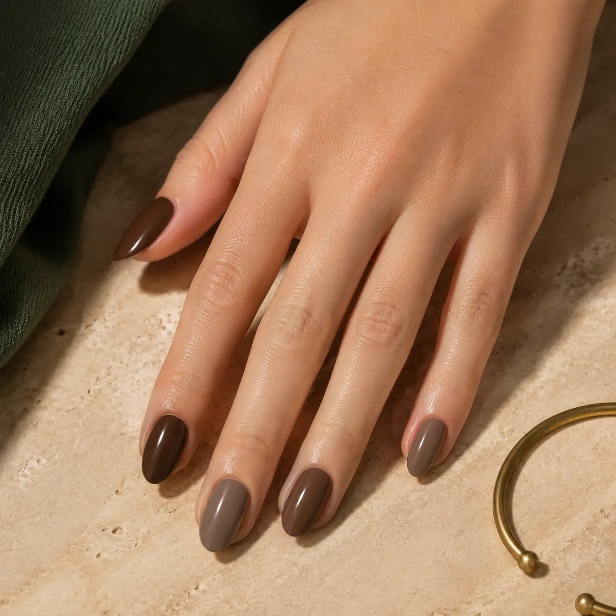 Editorial image of taupe and cocoa dip powder nails